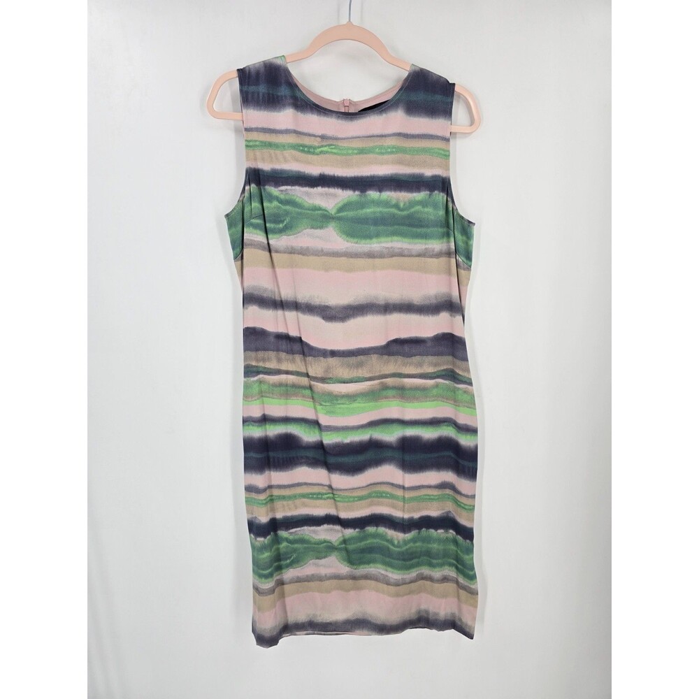 St. John Watercolor Stripe Silk Printed Shift Dress Size 6 Pastel Quiet Luxury